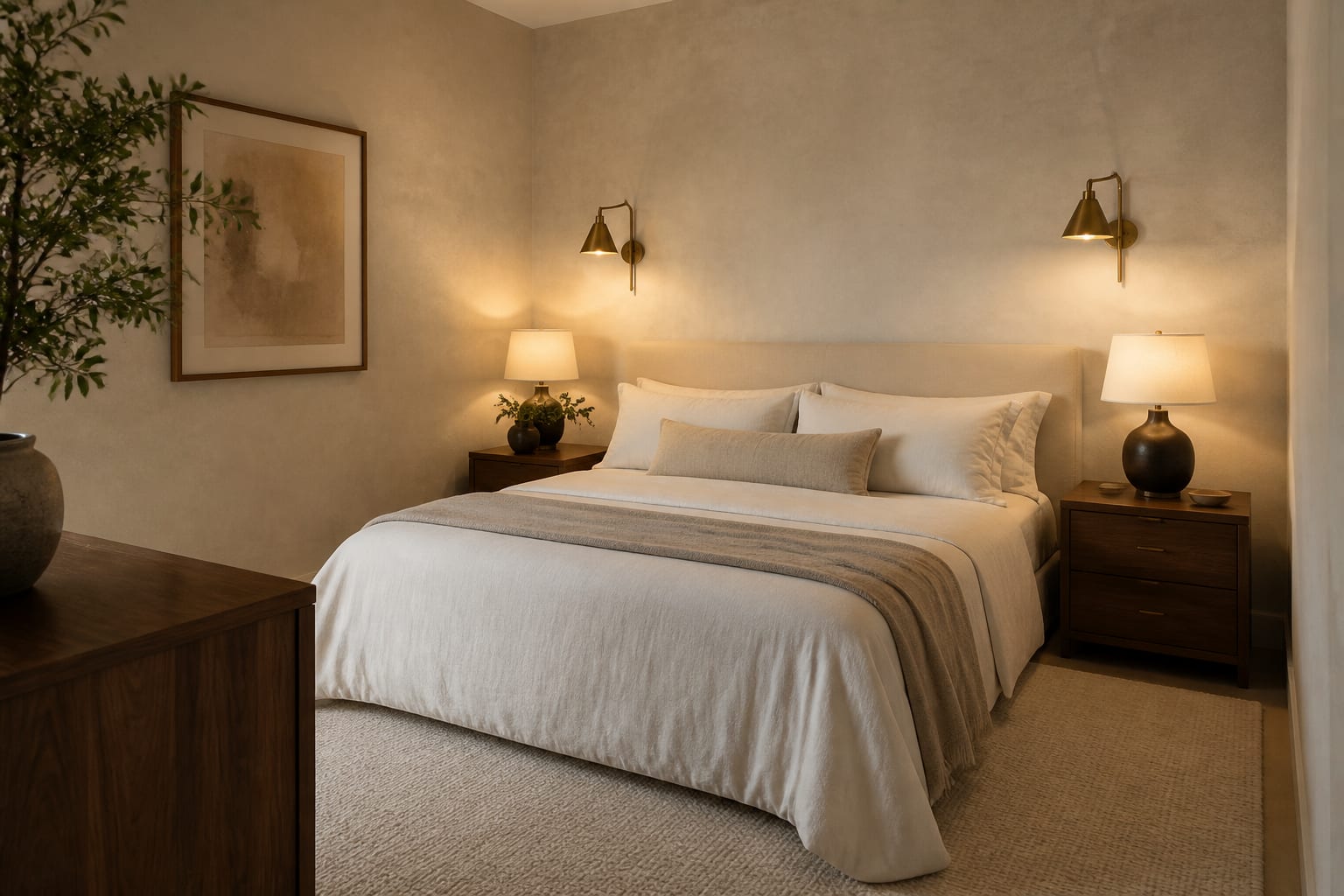 AI preview style board for a windowless bedroom with mushroom walls, warm lamps, pale rug, brass sconce, and walnut nightstands