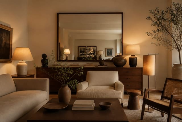 warm windowless sitting room with layered lamps, cream walls, walnut furniture, mirror reflection, and soft 2700k lighting