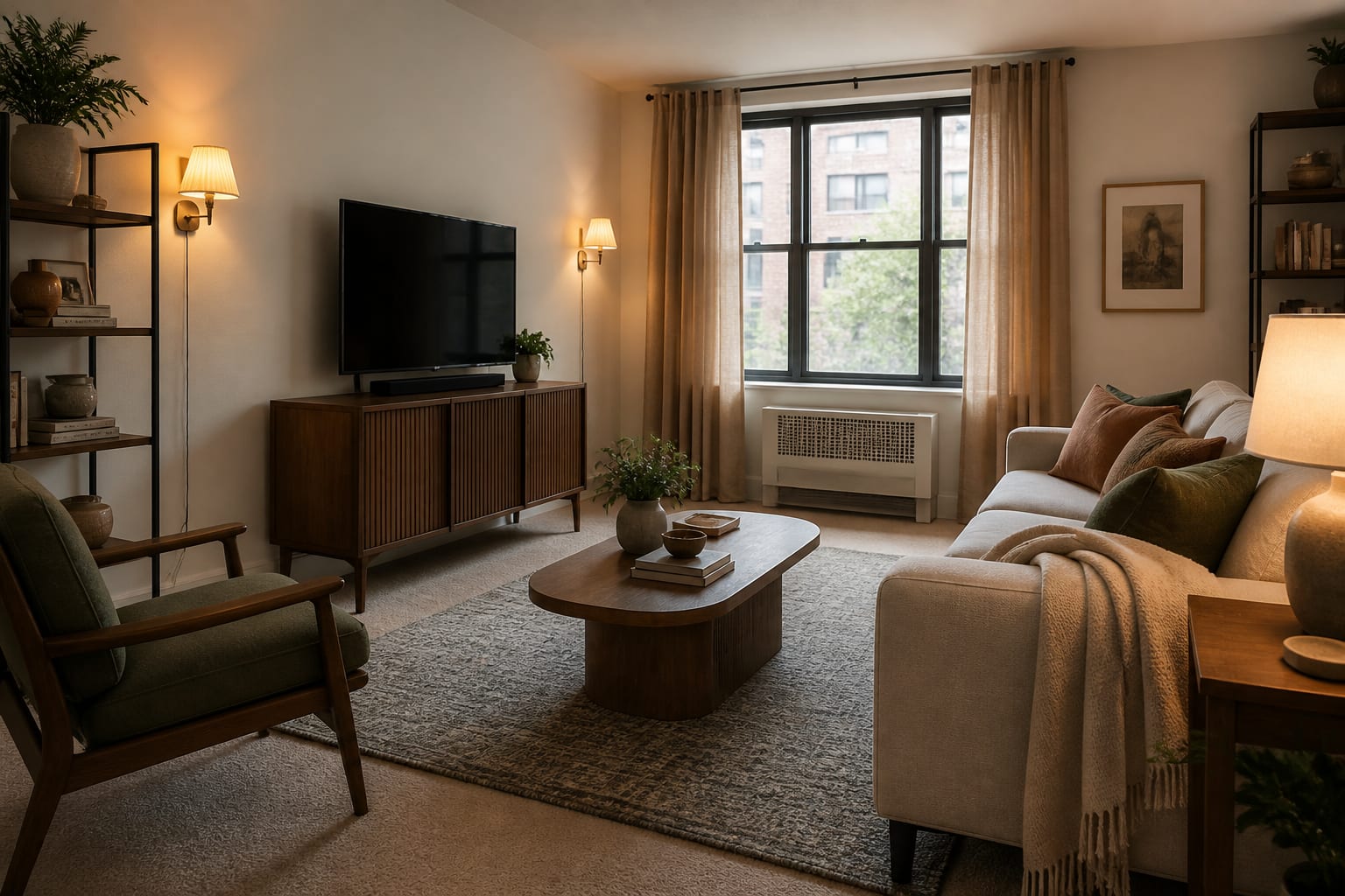 rental apartment living room with beige carpet, plug-in sconces, washable rug, freestanding shelves, and warm neutral curtains