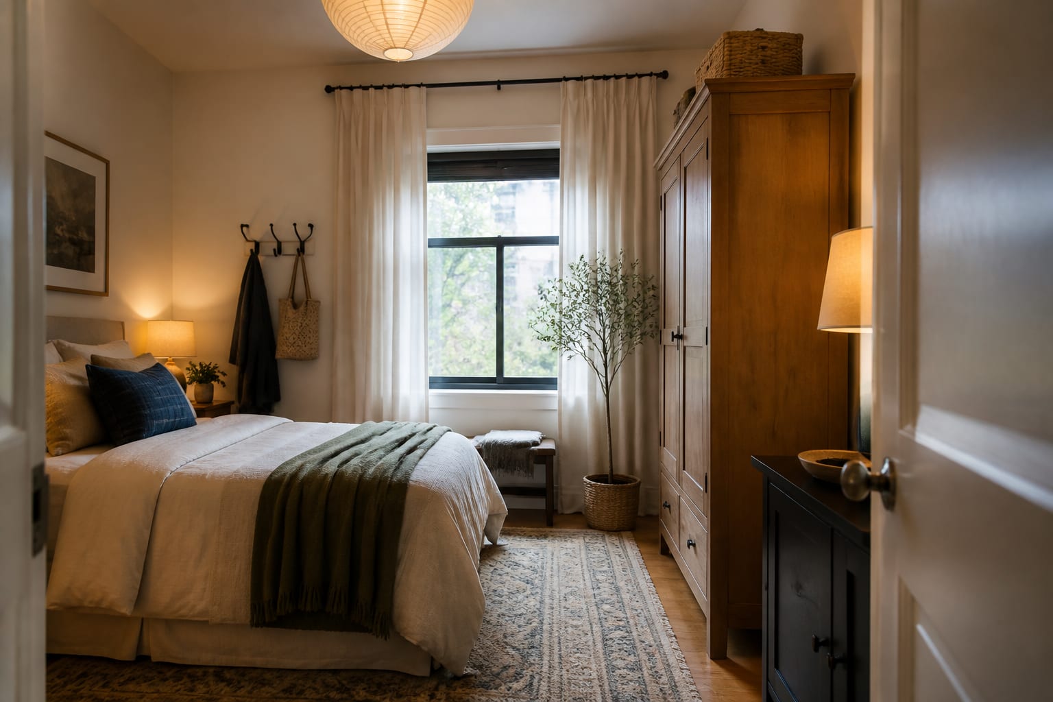 small rental bedroom with freestanding wardrobe, renter-safe wall hooks, 8 by 10 rug, warm lamps, and high curtains