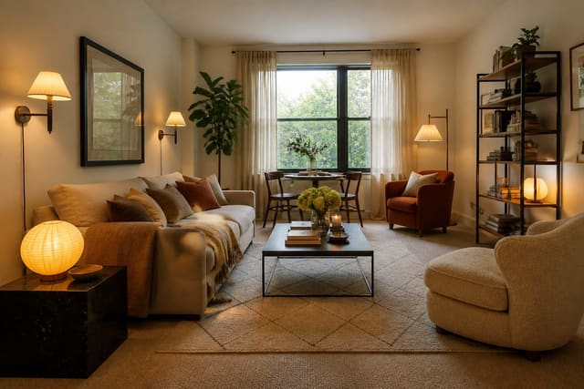 rental apartment living room with beige carpet, plug-in sconces, washable rug, freestanding shelves, and warm neutral curtains