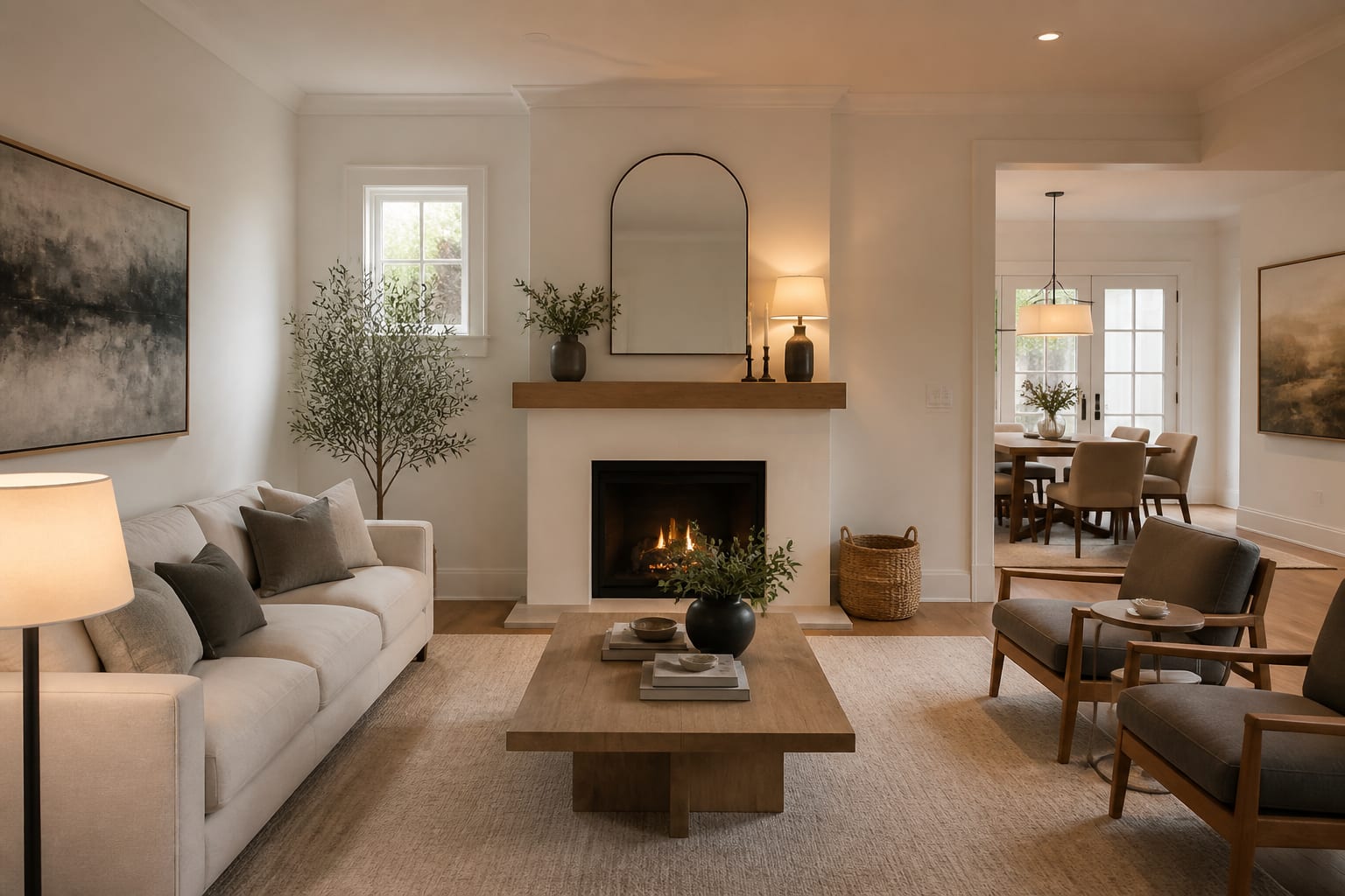 bright staged living room with neutral sofa, warm lamps, simple art, clear walking paths, and buyer-friendly styling