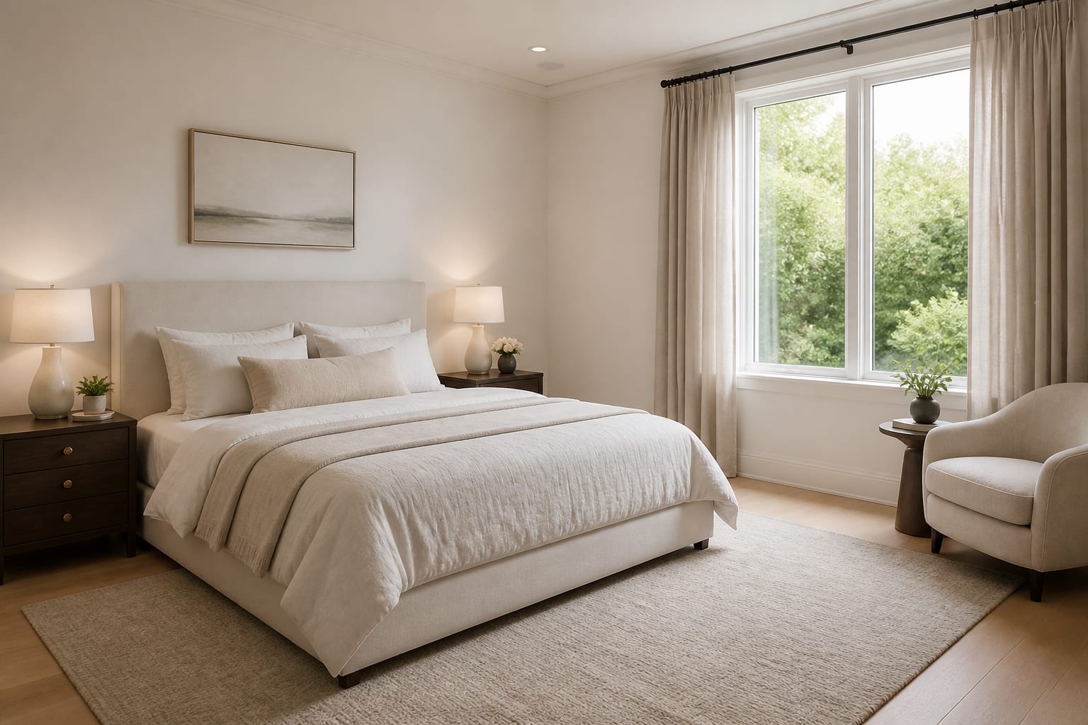 vacant bedroom previewed with a simple upholstered bed, matching nightstands, soft lamps, and uncluttered resale styling