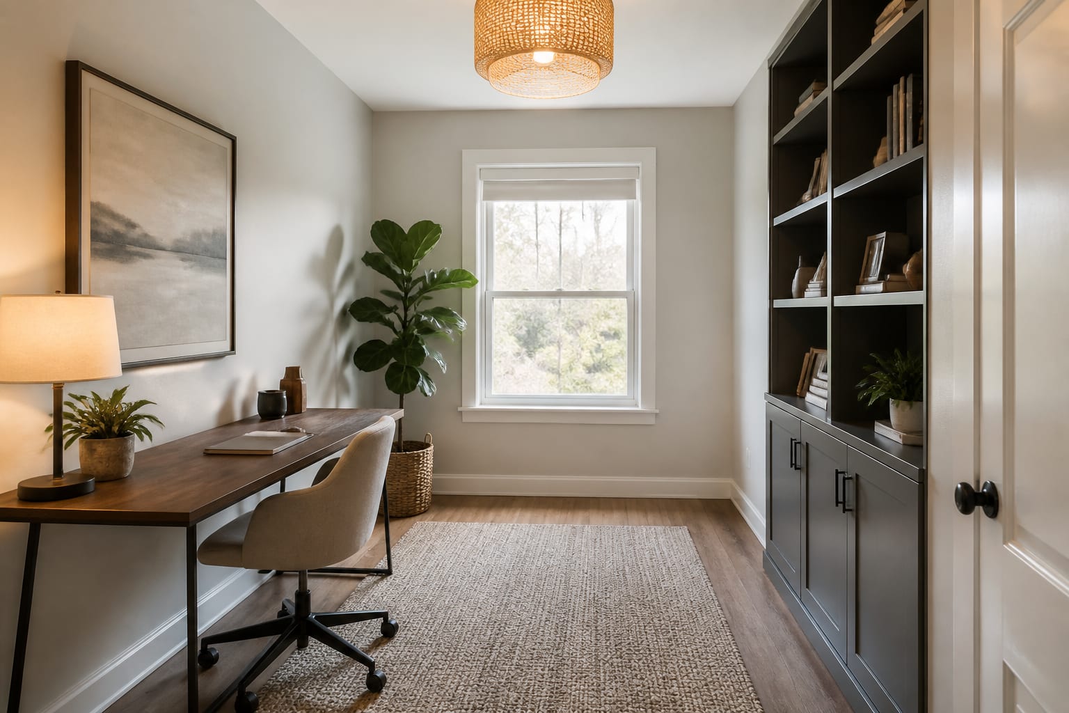 AI staging preview showing the same spare room tested as a home office with a slim desk, warm lamp, rug, and closed storage