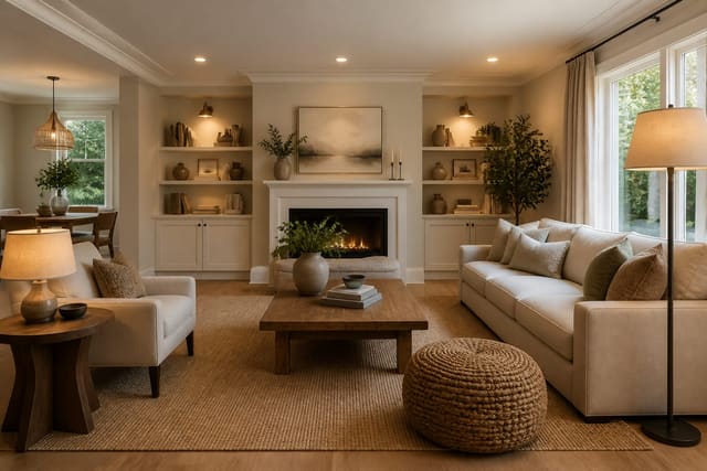 bright staged living room with neutral sofa, warm lamps, simple art, clear walking paths, and buyer-friendly styling