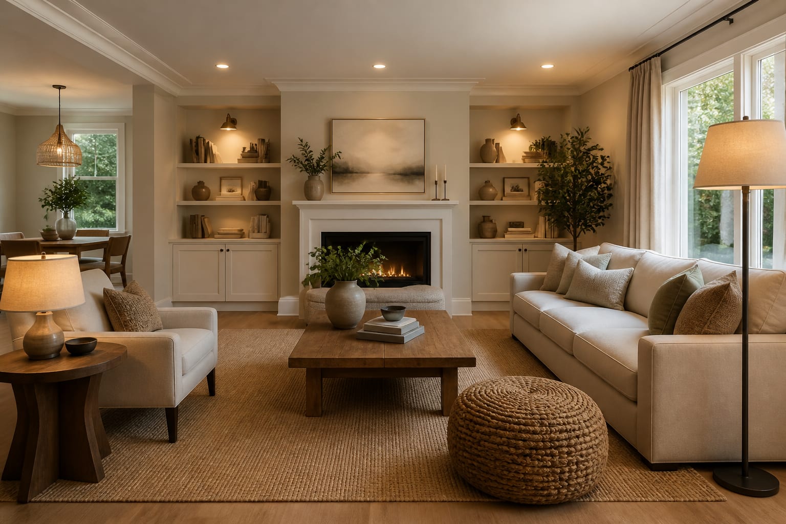 bright staged living room with neutral sofa, warm lamps, simple art, clear walking paths, and buyer-friendly styling