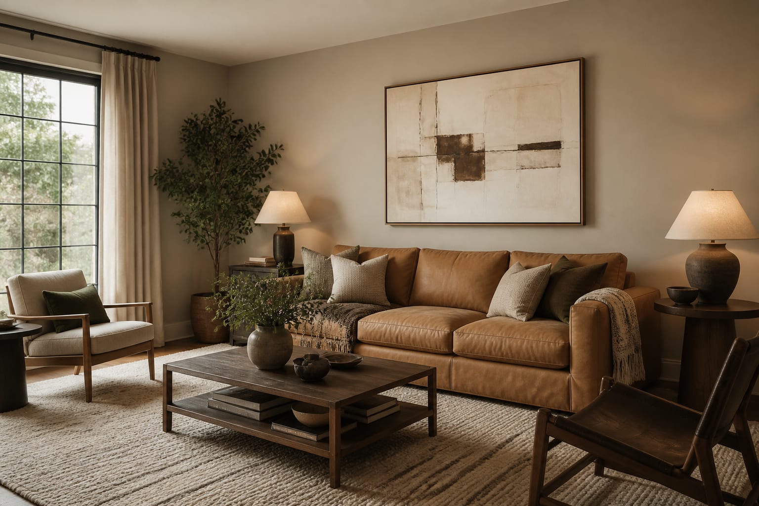 Living room redesign preview with an existing tan sofa, larger wool rug, warm lamps, and art scaled around the furniture that stays