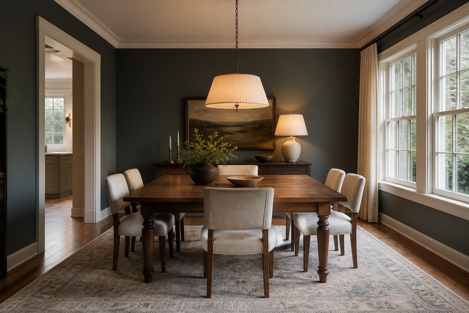Dining room AI preview keeping an inherited wood table while changing chairs, rug scale, wall color, and pendant height