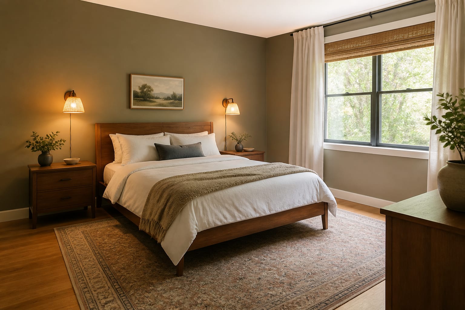Bedroom redesign preview preserving an existing wood bed while testing rug size, wall color, plug-in sconces, and curtain height