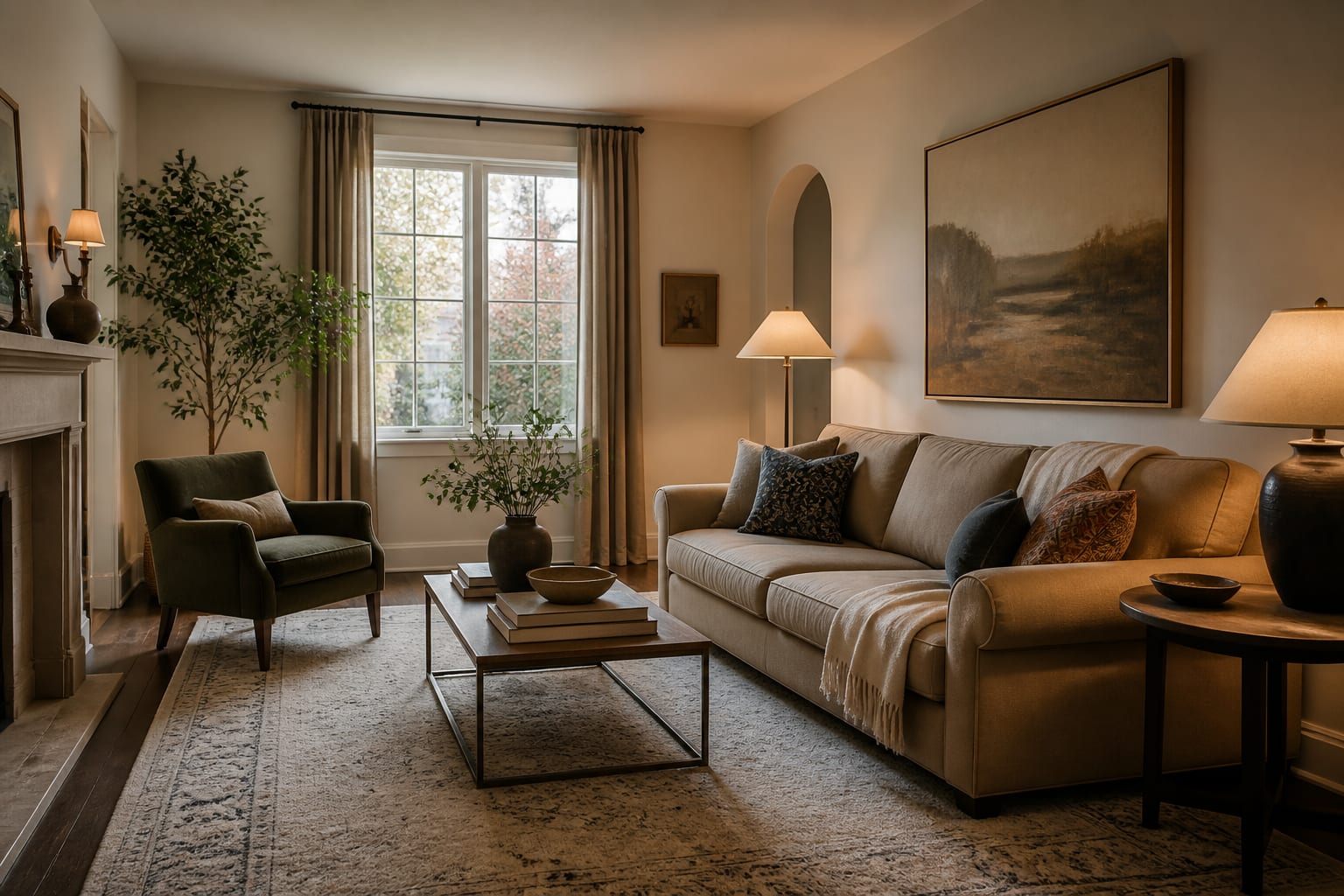 Living room redesign preview with an existing tan sofa, larger wool rug, warm lamps, and art scaled around the furniture that stays