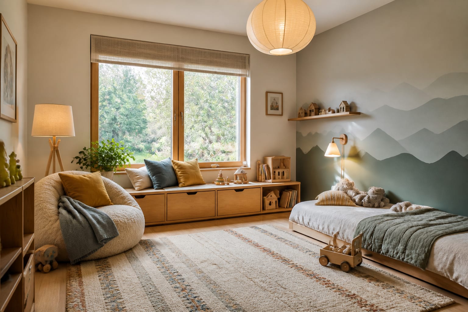 children's bedroom with low storage, warm lighting, washable rug, reading corner, and a calm sleep wall in soft colors