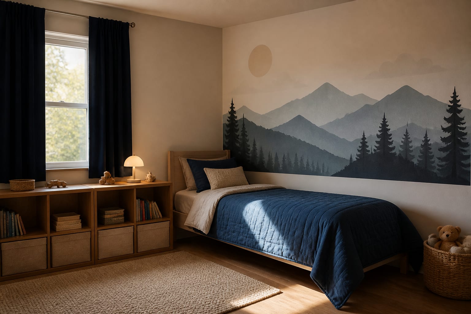 calm sleep wall in a child's bedroom with a twin bed, blackout curtains, low shelf, and one playful removable mural