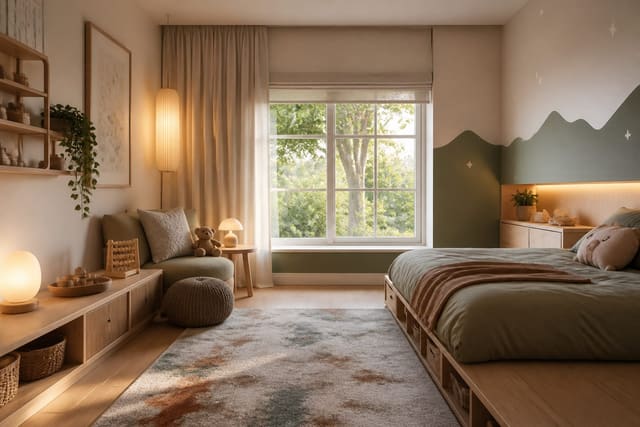 children's bedroom with low storage, warm lighting, washable rug, reading corner, and a calm sleep wall in soft colors
