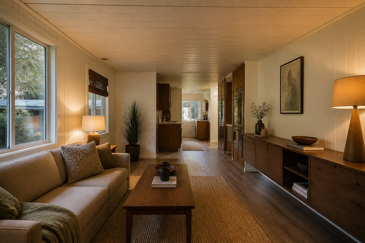 single-wide mobile home living room with low-profile sofa, slim storage wall, warm lamps, and clear walkway through narrow plan