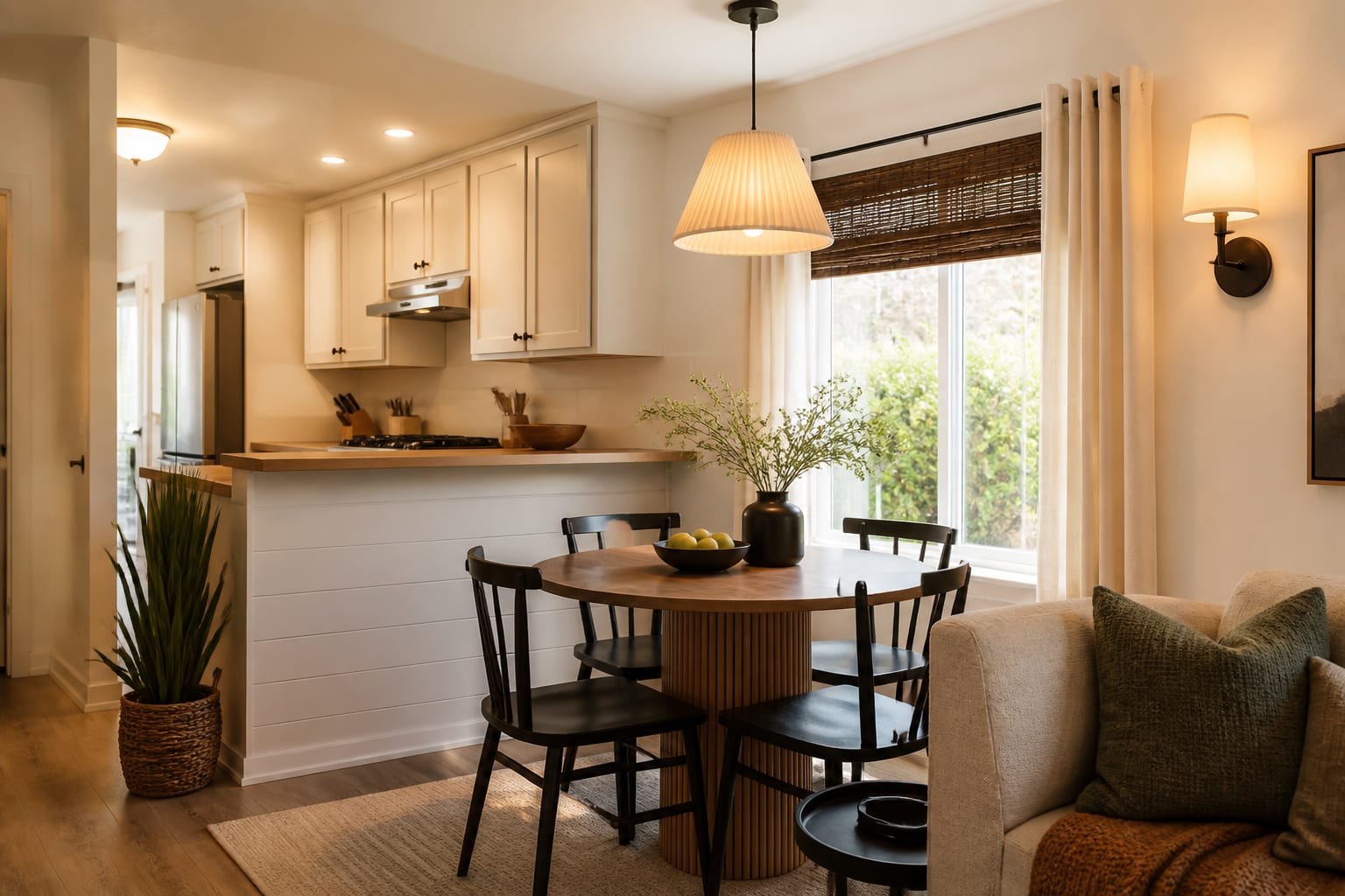 manufactured home kitchen and dining nook with shallow cabinets, round table, warm white walls, and layered lighting