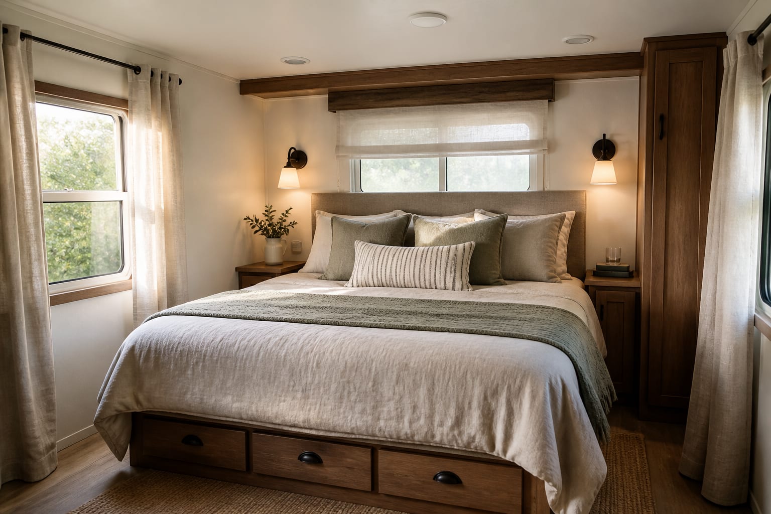 mobile home bedroom with queen bed, narrow nightstands, wall sconces, linen curtains, and storage under the bed