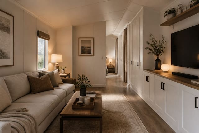 single-wide mobile home living room with low-profile sofa, slim storage wall, warm lamps, and clear walkway through narrow plan