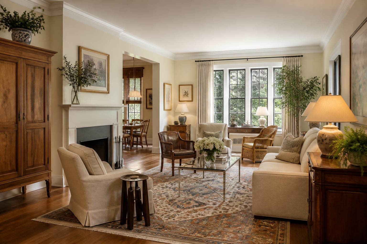 warm multi-generational living room with traditional wood pieces, modern seating, layered lamps, and clear walking paths