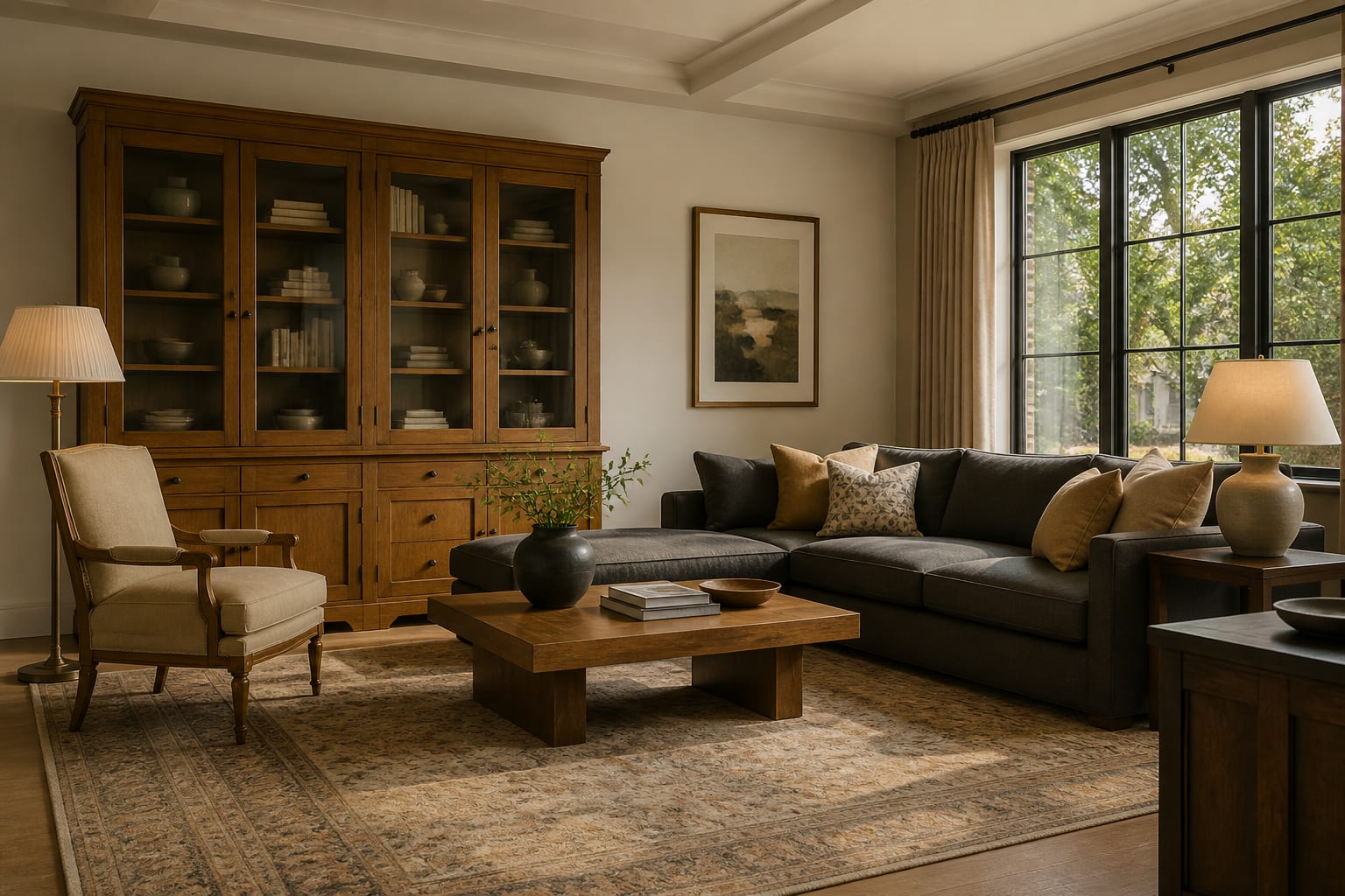 shared family room combining a classic wood cabinet, modern sectional, washable rug, and lamps with warm white bulbs