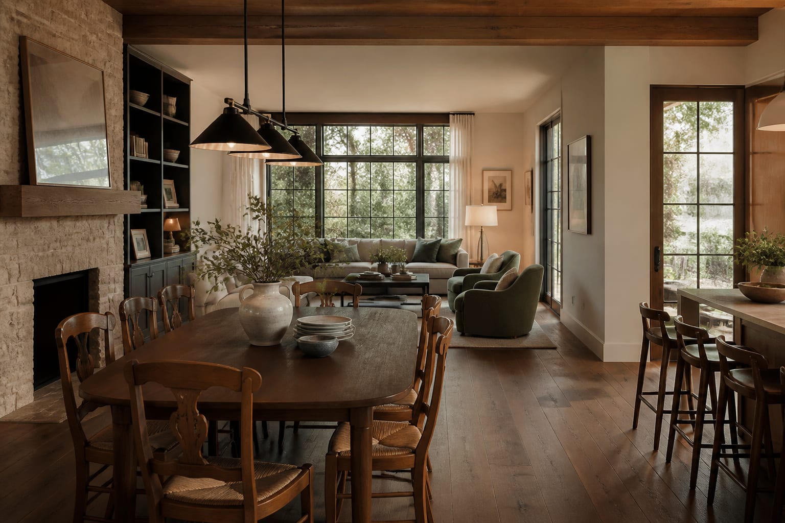 AI preview of a multi-generational dining and living area with mixed traditional and modern furniture in one connected palette