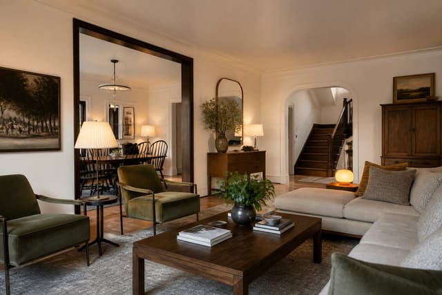 warm multi-generational living room with traditional wood pieces, modern seating, layered lamps, and clear walking paths