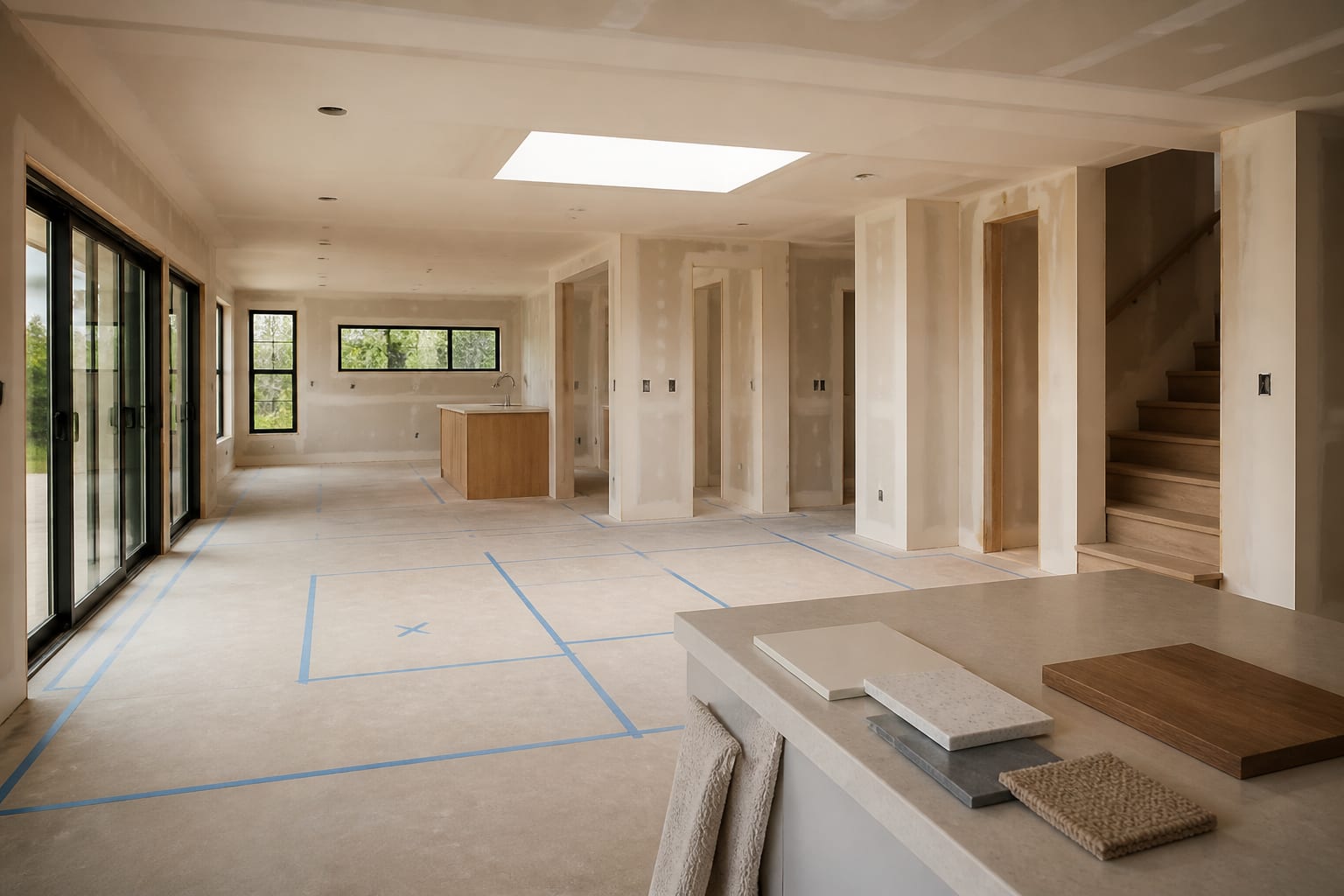 open-plan new build living area with unfinished walls, marked furniture zones, and warm neutral finish samples