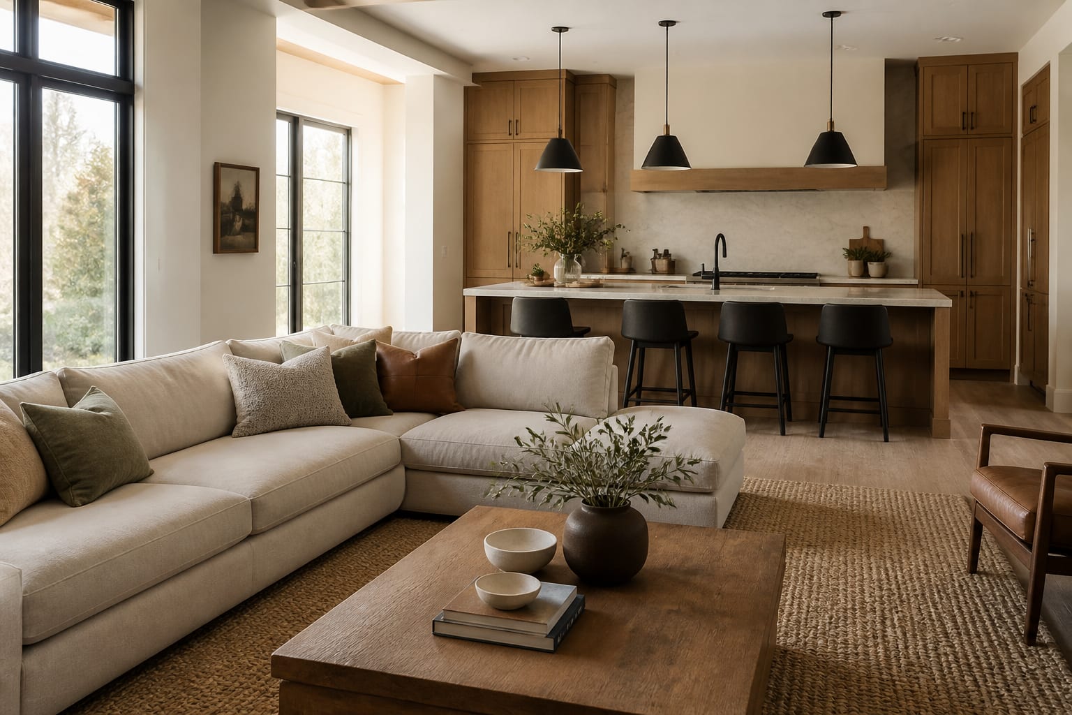 new build kitchen and family room preview with warm cabinet tones, scaled sectional, island pendants, and layered rugs