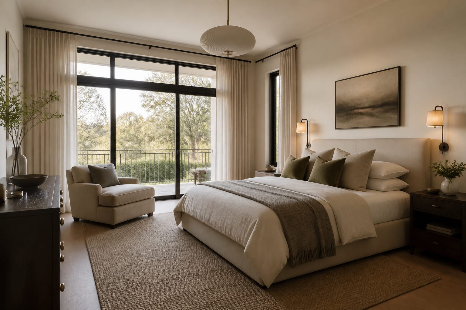 primary bedroom in a new build with a king bed, scaled nightstands, soft drapery, and warm bedside sconces