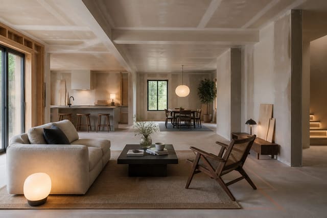 open-plan new build living area with unfinished walls, marked furniture zones, and warm neutral finish samples