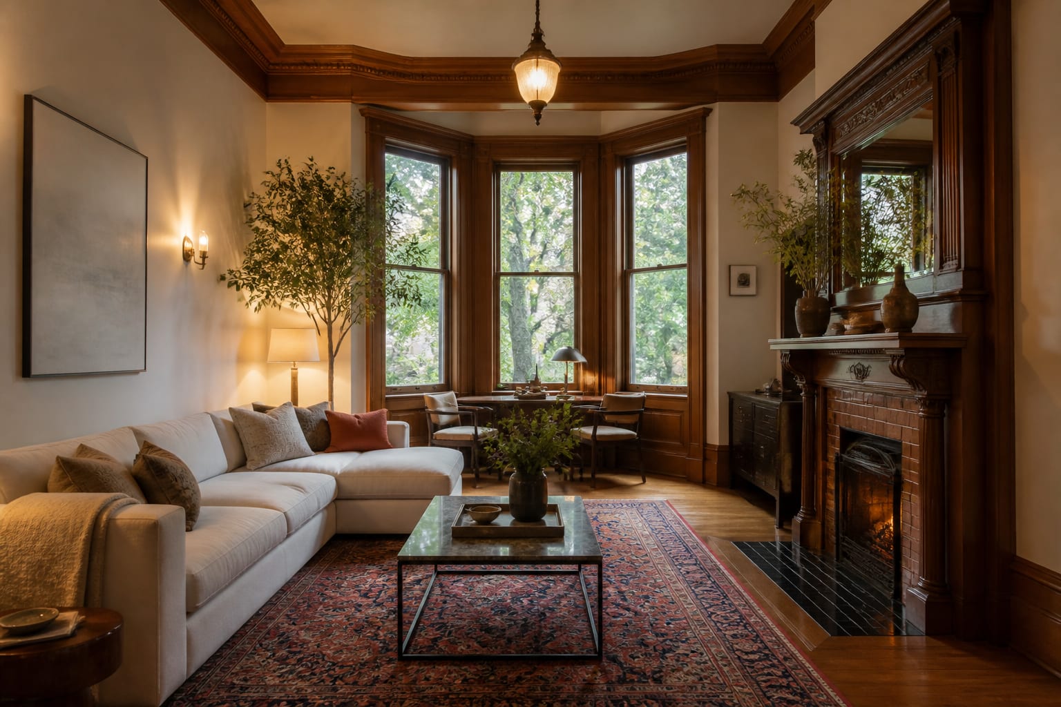 Victorian living room with preserved wood trim, layered warm lighting, a modern sofa, and traditional patterned rug