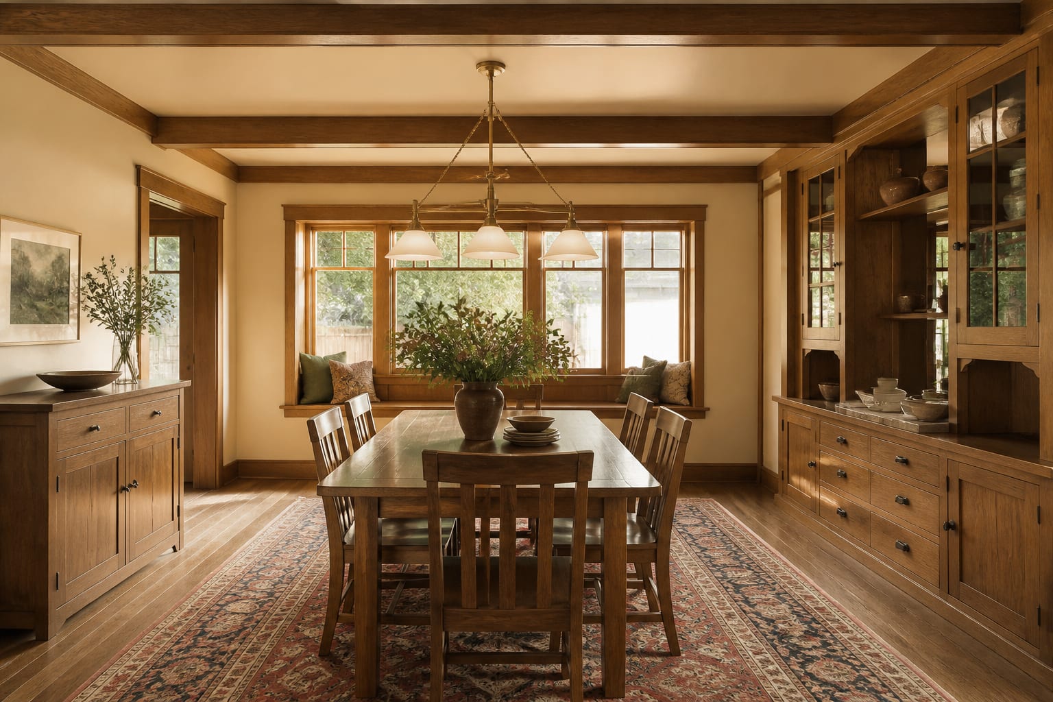 Craftsman dining room with oak built-ins, warm cream walls, patterned rug, and simple brass lighting