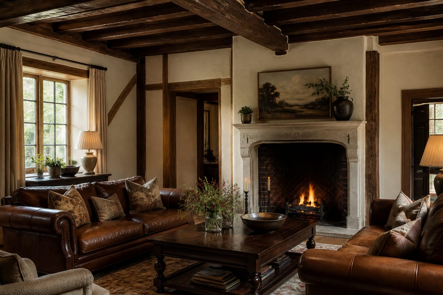 Tudor living room with preserved beams, cream plaster walls, tobacco leather seating, and warm shaded lamps