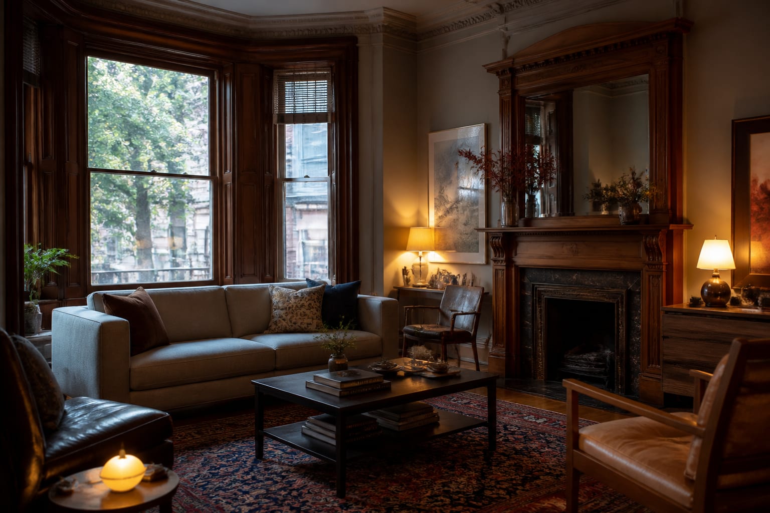 Victorian living room with preserved wood trim, layered warm lighting, a modern sofa, and traditional patterned rug