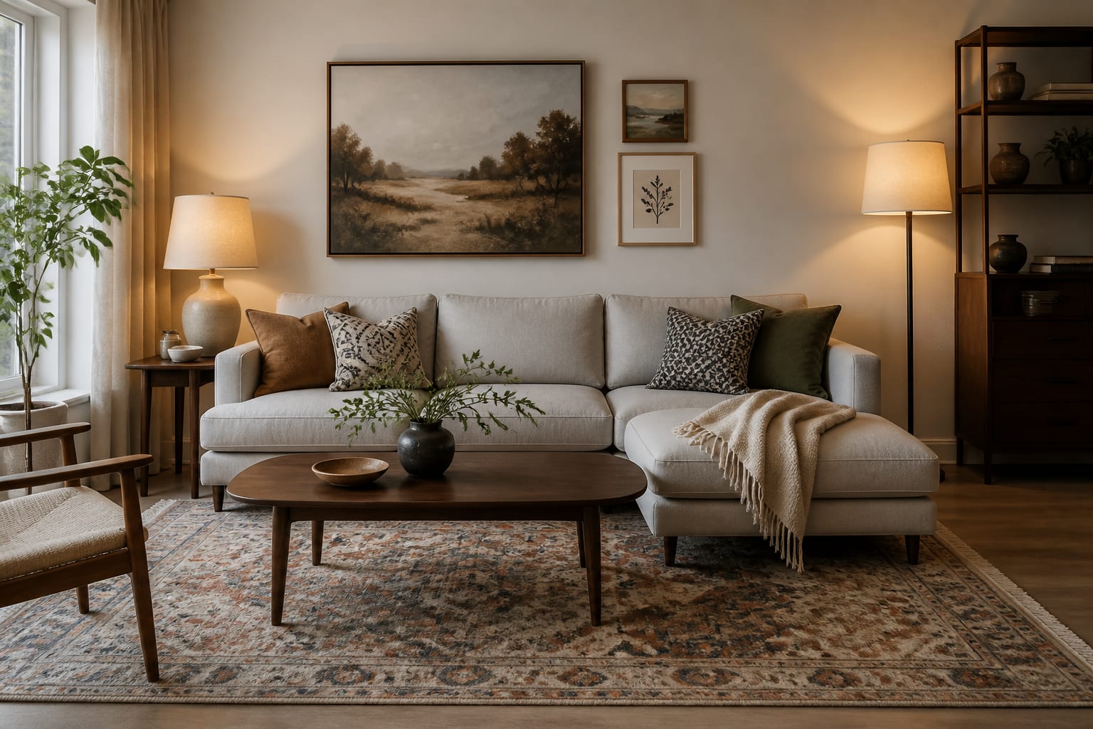 living room with a measured budget plan, existing sofa, warm lamps, affordable rug, and AI preview notes on the wall