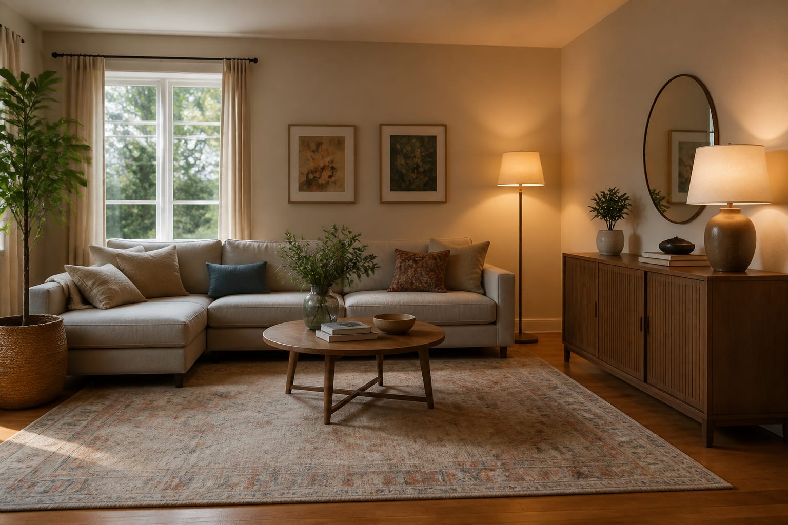 budget living room concept with two lamps, large rug, storage cabinet, and existing sofa kept in the plan