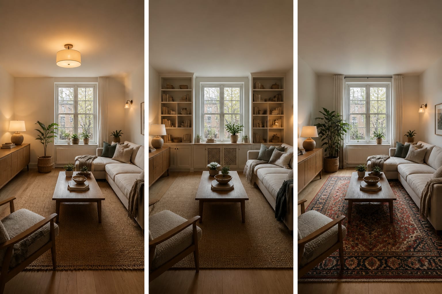 AI room preview comparing a low-cost lighting plan, storage plan, and rug-first plan for the same apartment living room