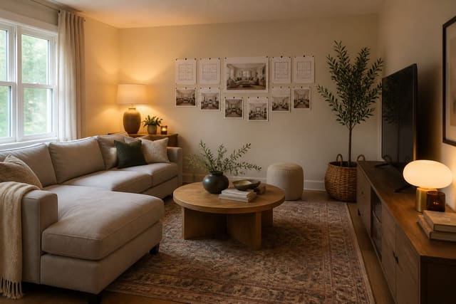 living room with a measured budget plan, existing sofa, warm lamps, affordable rug, and AI preview notes on the wall