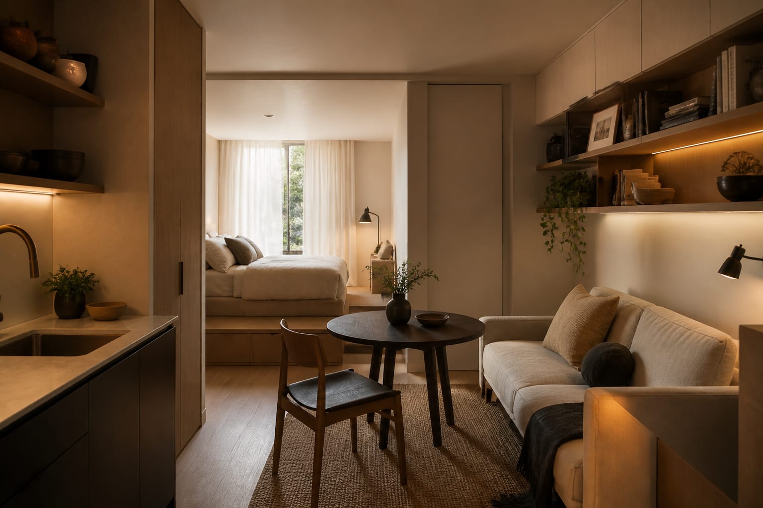 tiny studio apartment with a compact bed nook, slim sofa, round table, wall storage, and warm layered lighting
