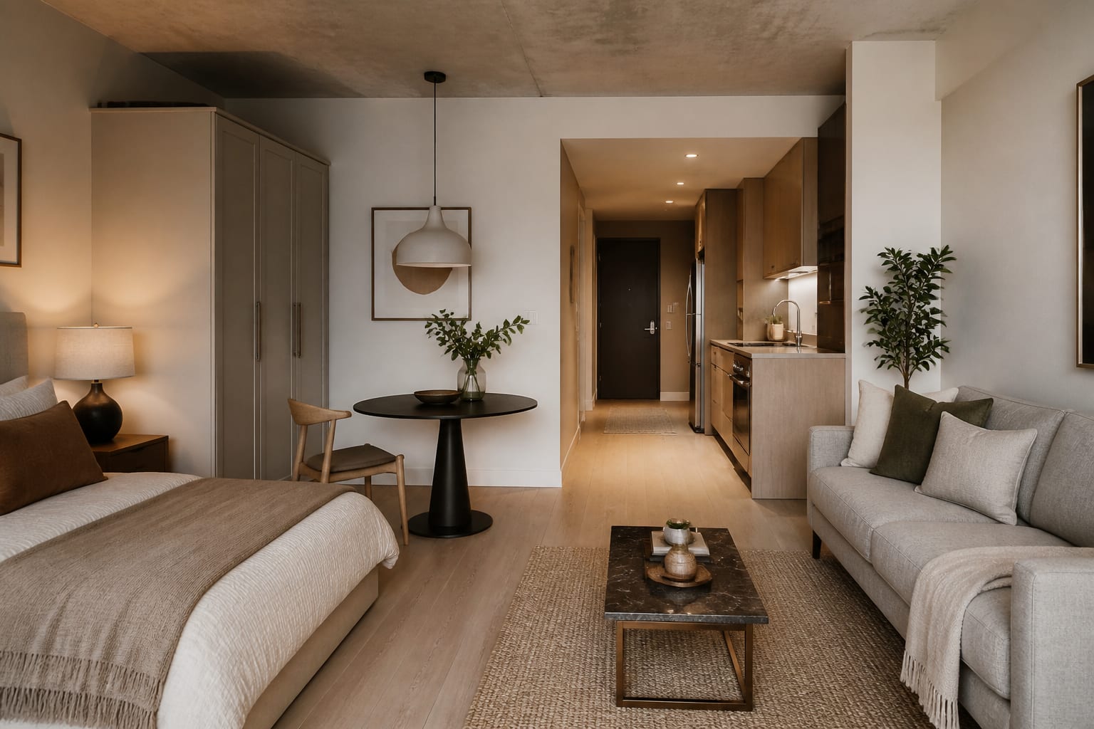 compact studio layout with a bed along one wall, small round dining table, slim sofa, and clear walkway to the kitchen