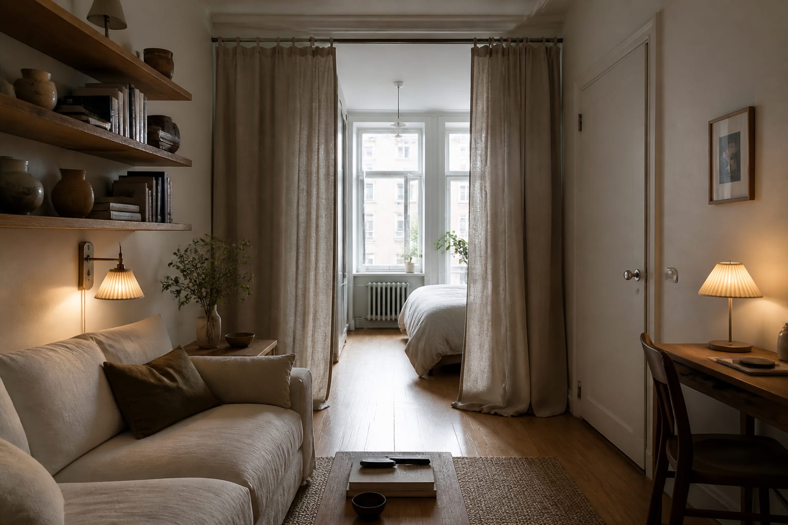 AI preview of a narrow studio with a curtain bed zone, wall-mounted shelves, compact sofa, and warm plug-in sconces