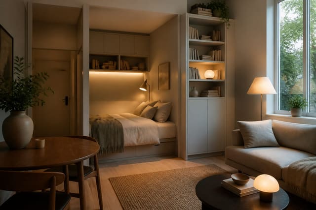 tiny studio apartment with a compact bed nook, slim sofa, round table, wall storage, and warm layered lighting