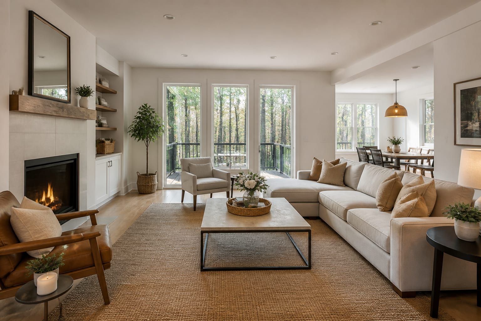 vacant real estate living room previewed with warm staging, balanced seating, soft lighting, and buyer friendly scale cues