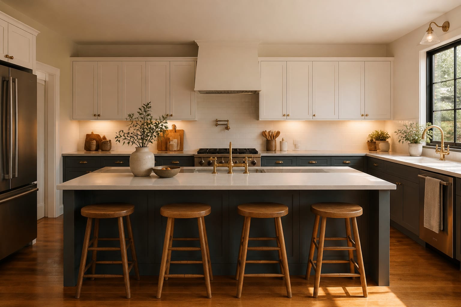 real estate kitchen concept comparing existing cabinets with warmer lighting, painted lowers, clearer counters, and buyer friendly renovation scope