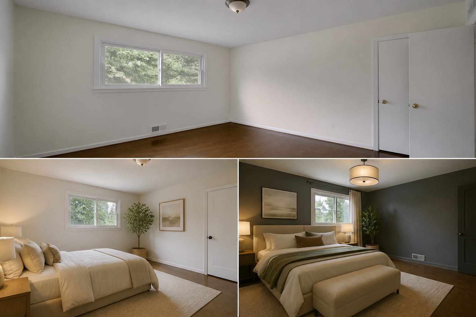 property ai visualization showing the same vacant bedroom as staged, cosmetic refresh, and renovation concept from one listing photo