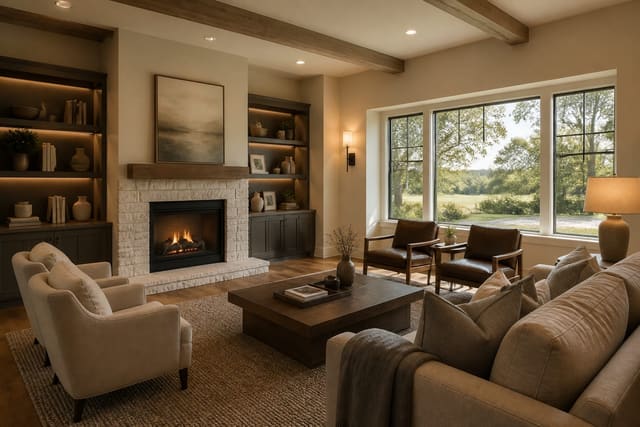 vacant real estate living room previewed with warm staging, balanced seating, soft lighting, and buyer friendly scale cues