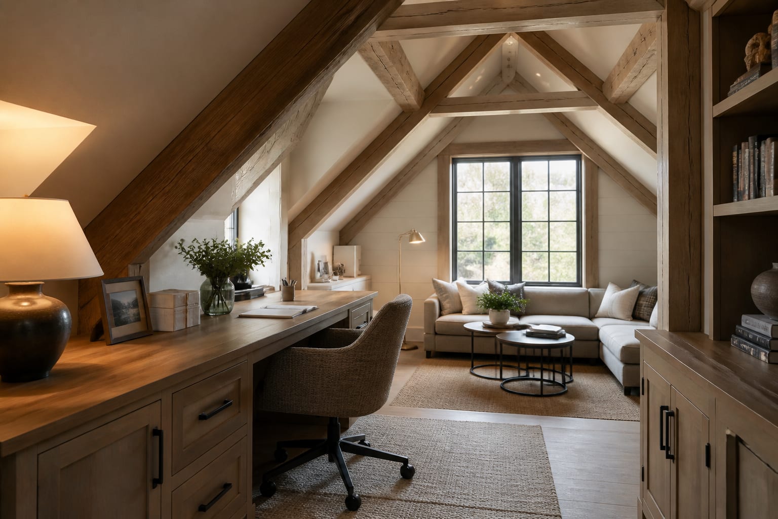 attic office with sloped ceiling, low storage, warm lamps, and a compact seating area fitted below exposed beams