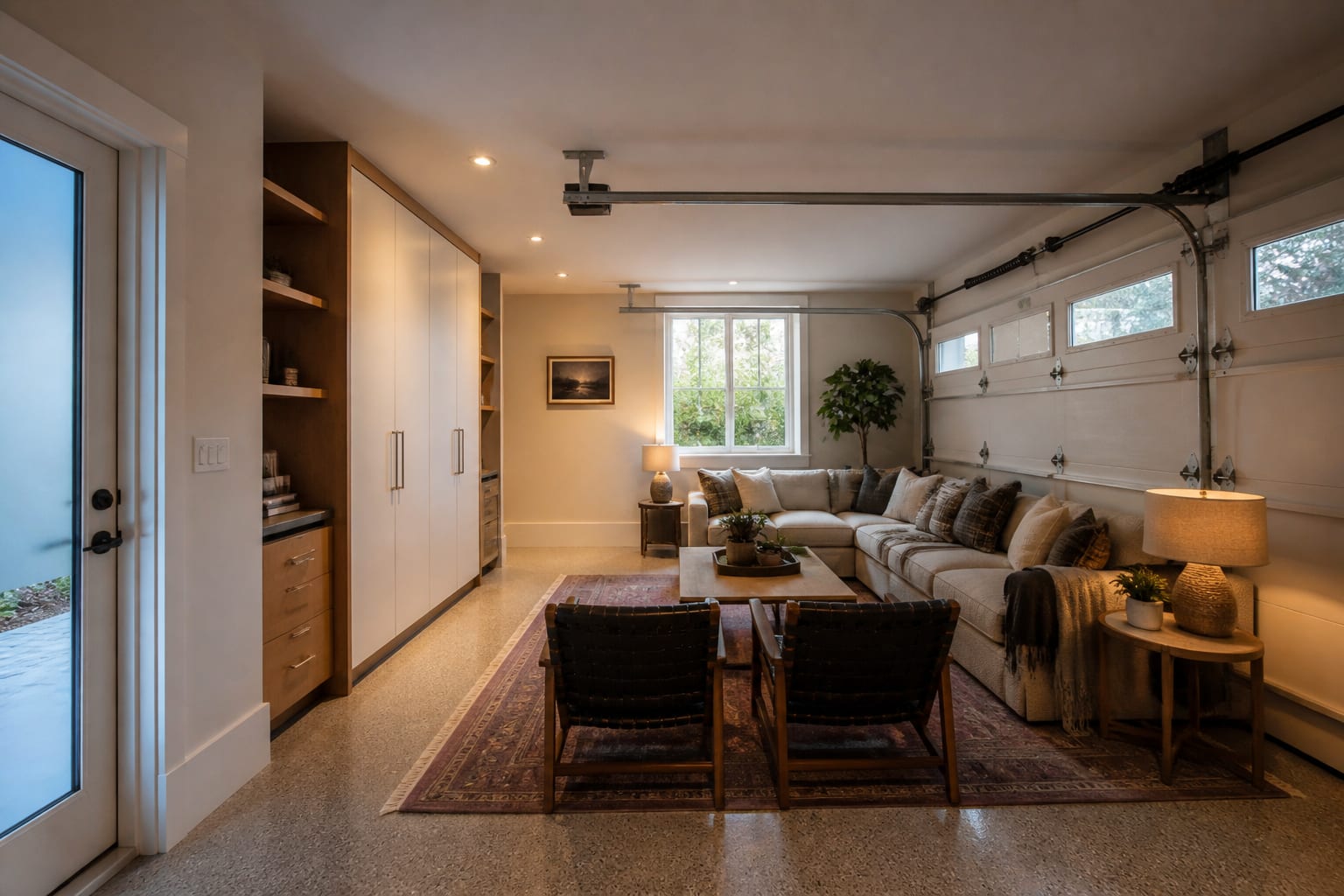 converted garage lounge with insulated door wall, washable rug, closed storage, and clear walking path to side entry
