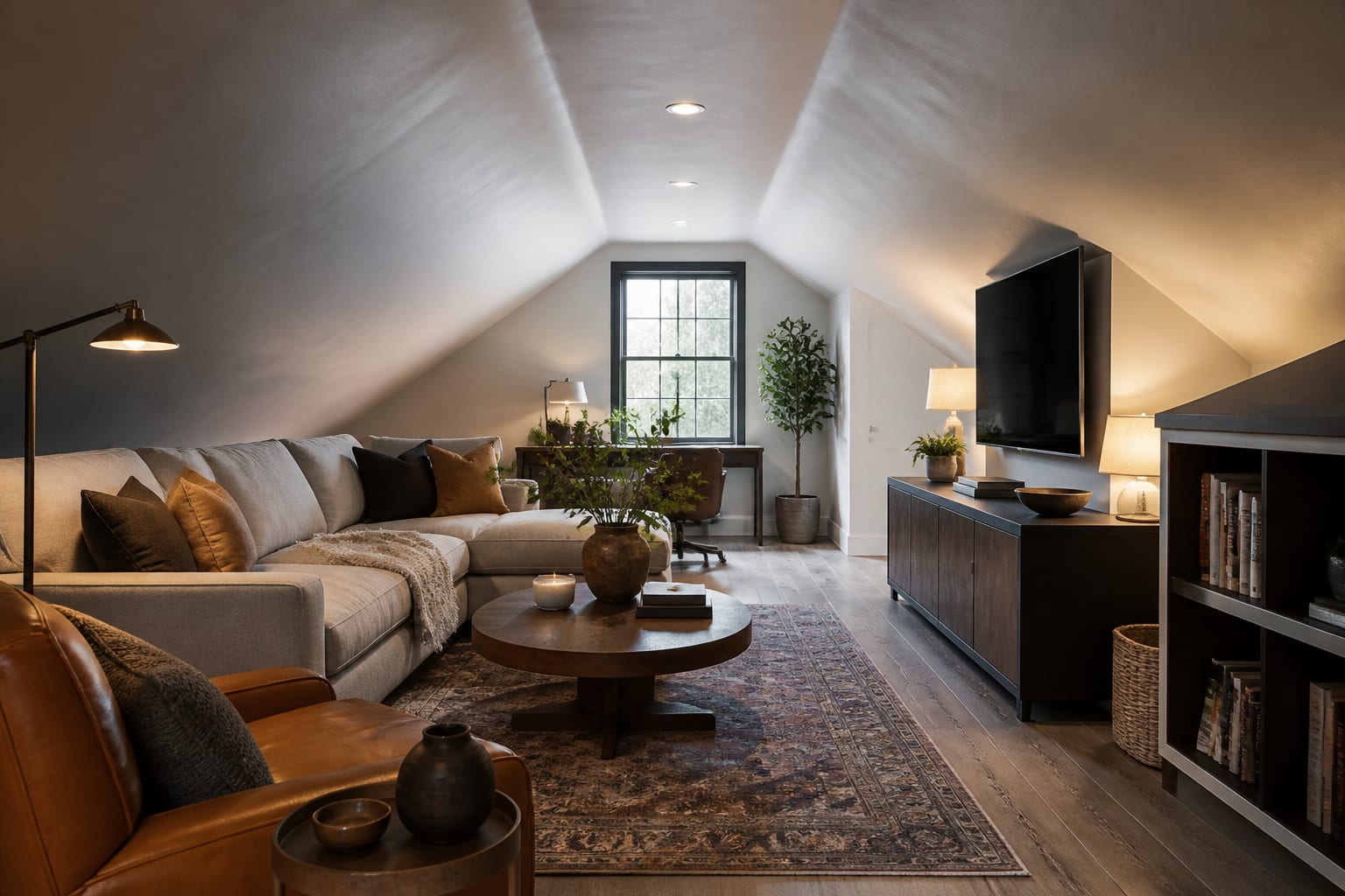 odd shaped bonus room preview showing low eaves, measured furniture footprints, and layered warm lighting