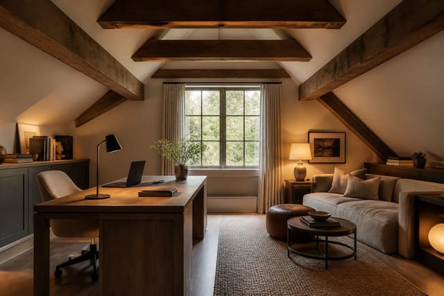 attic office with sloped ceiling, low storage, warm lamps, and a compact seating area fitted below exposed beams