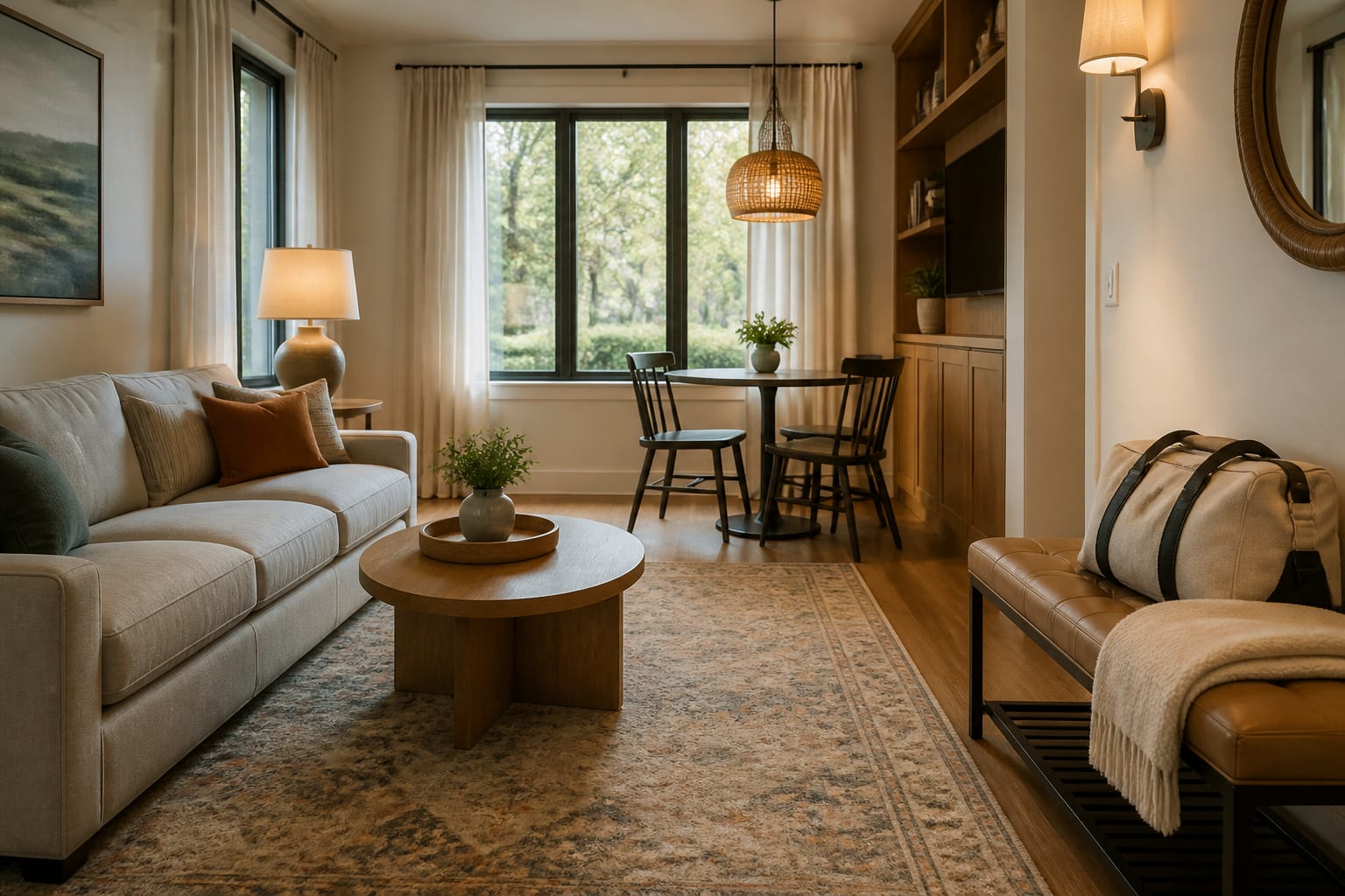 guest-ready vacation rental living room with washable rug, warm lamps, compact dining nook, luggage bench, and calm neutral palette
